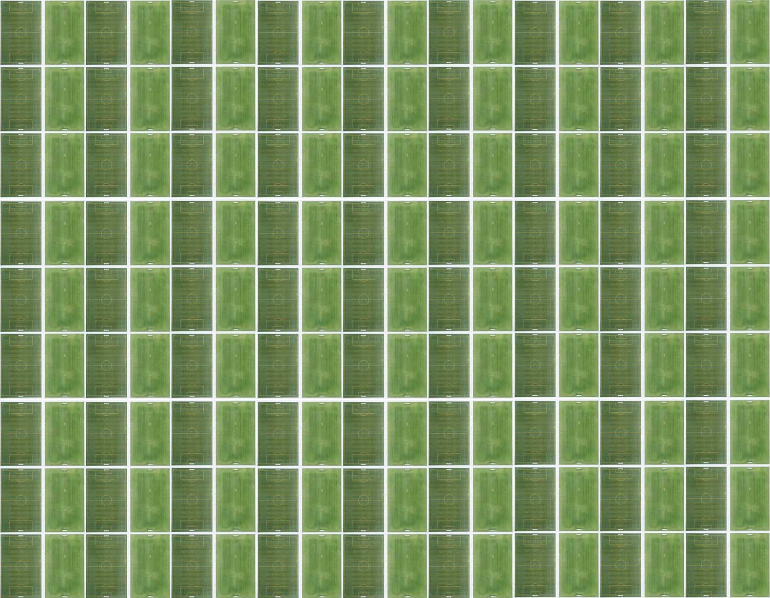 Repeating aerial view of a large soccer field with green grass and white lines forming a grid pattern.