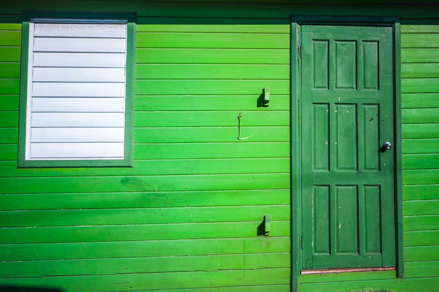 Green wooden facade with a panel door and a white slatted window.