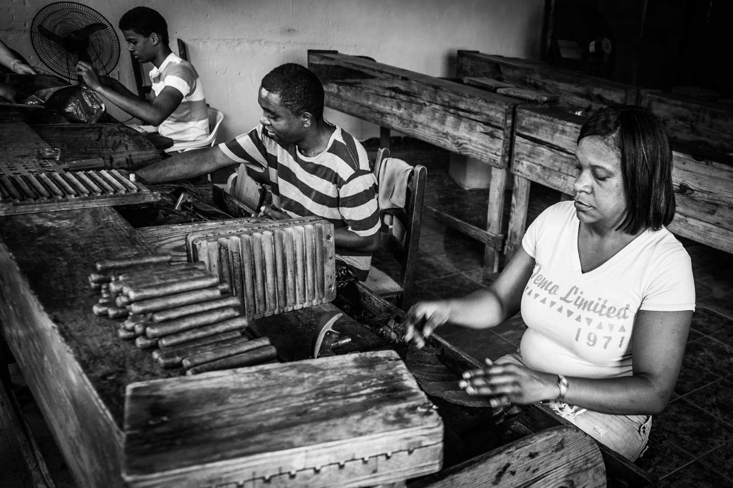 Workers rolling cigars by hand at a wooden table in a cigar factory.