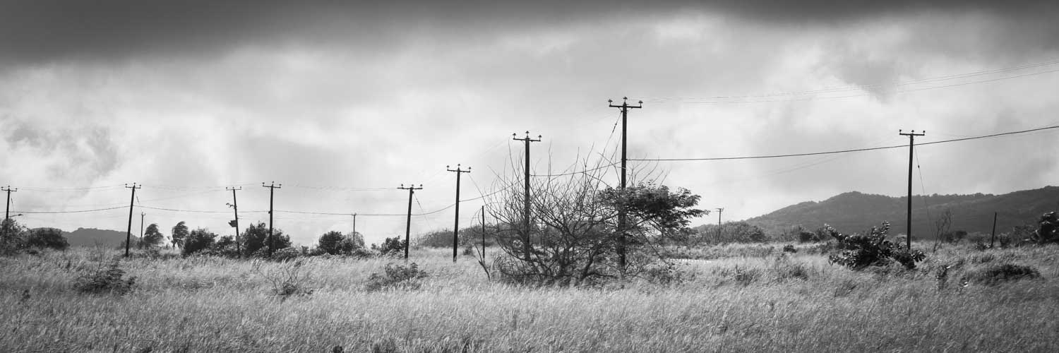 Black and white landscape with power lines crossing a rural field, under a cloudy sky.