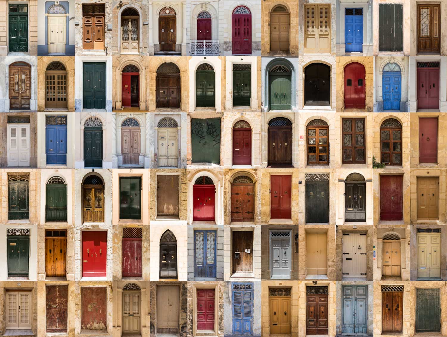Collage of colorful, diverse doors in various styles and materials, showcasing architectural variety.