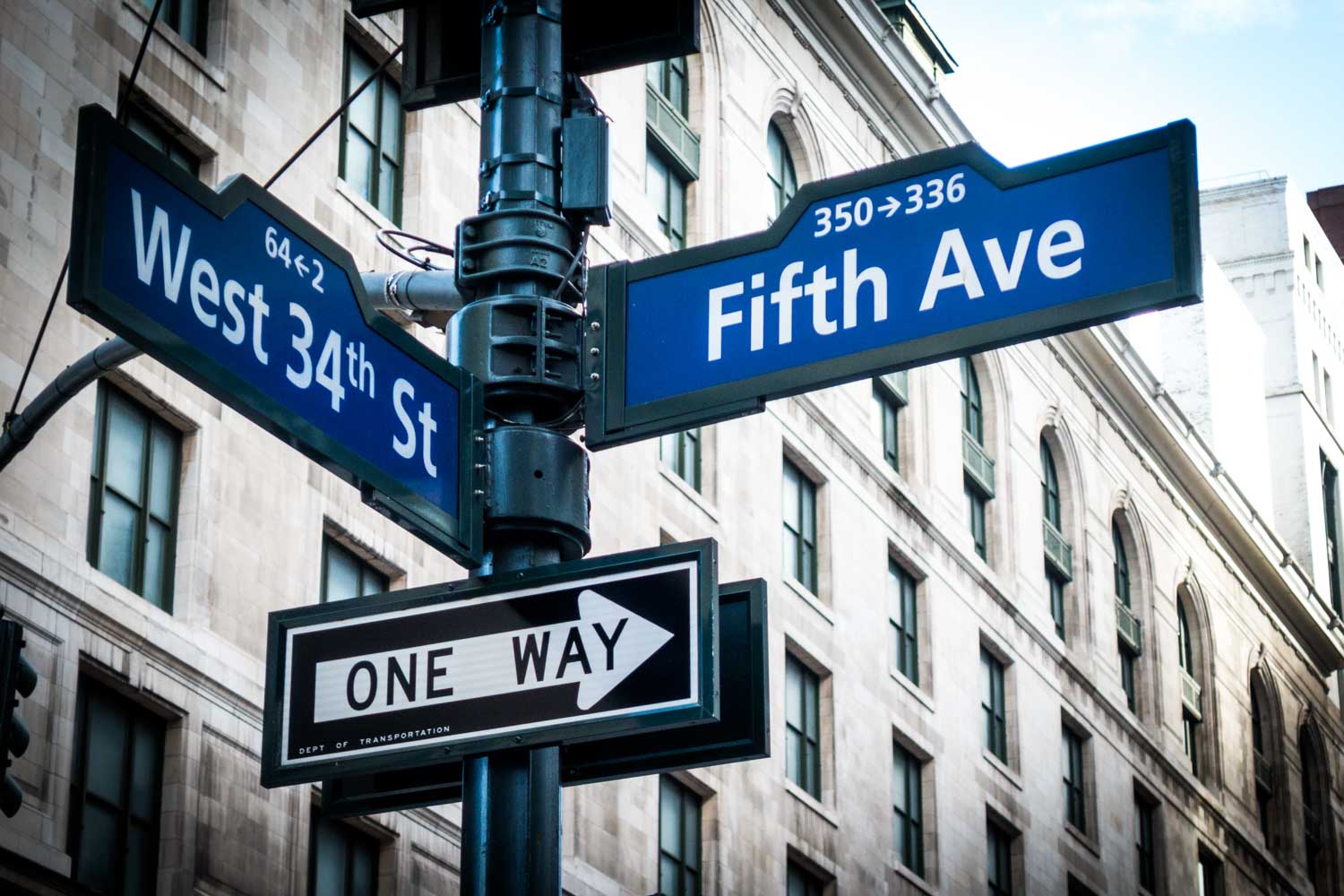 Street signs for West 34th St and Fifth Ave at a one-way intersection in New York City.