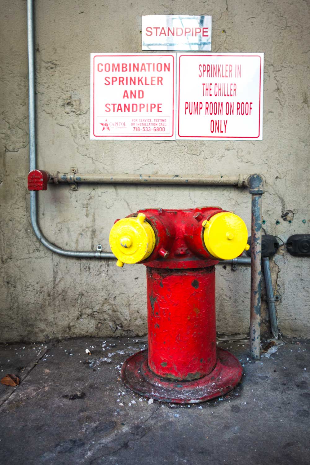 Red fire hydrant with yellow caps against a wall, two signage overhead about standpipes and sprinkler systems.