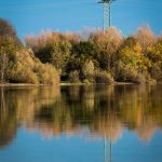 Power line tower against blue sky mirrored in serene lake with autumn trees.