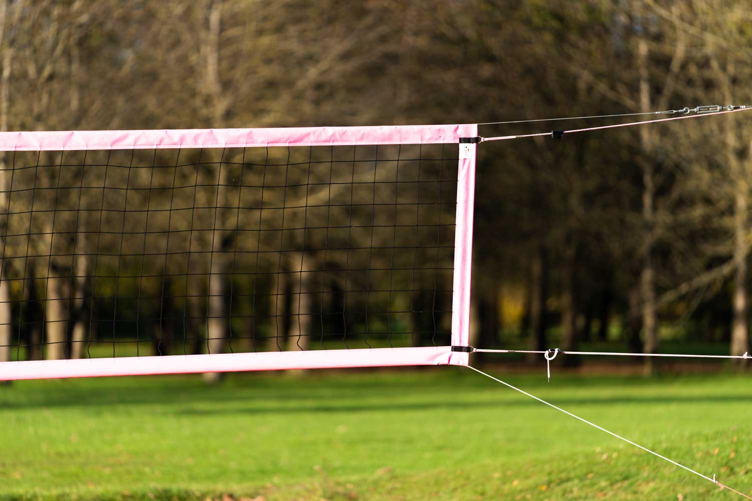 Pink volleyball net in a green park with trees in the background under a clear sky.