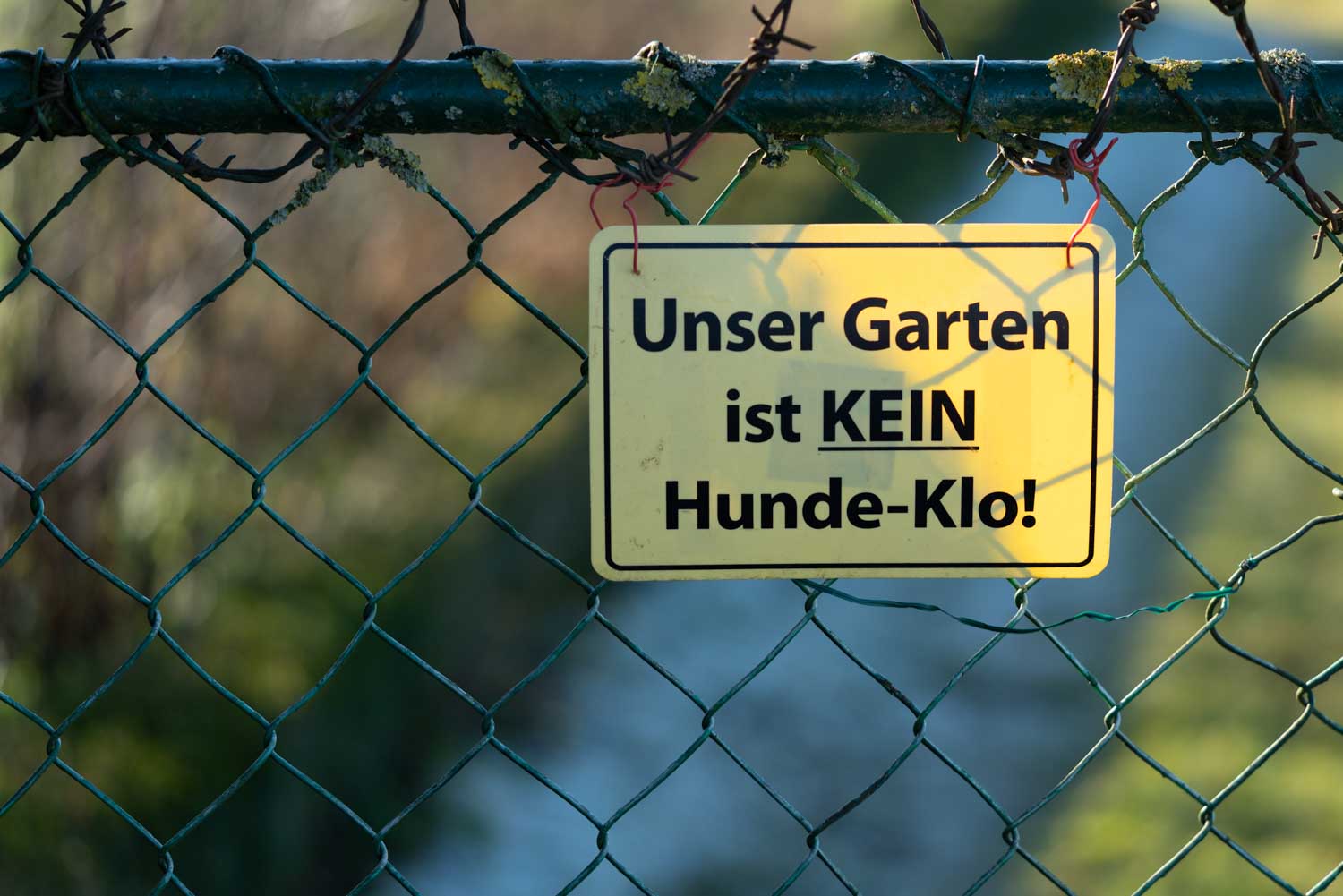 Yellow sign on a fence reads Unser Garten ist KEIN Hunde-Klo! meaning Our garden is NOT a dog toilet!