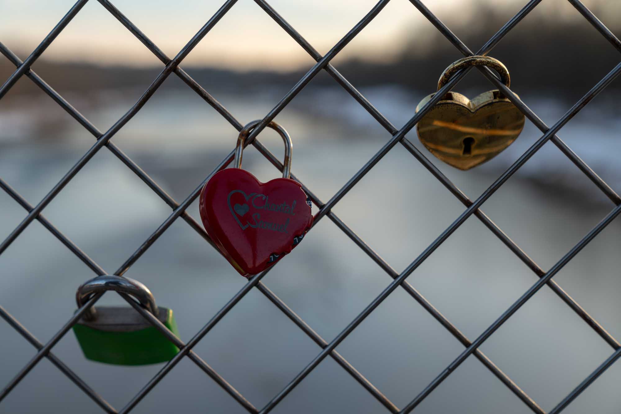 Heart-shaped locks on a metal fence over a river, symbolizing love and commitment, with a scenic blurred background.