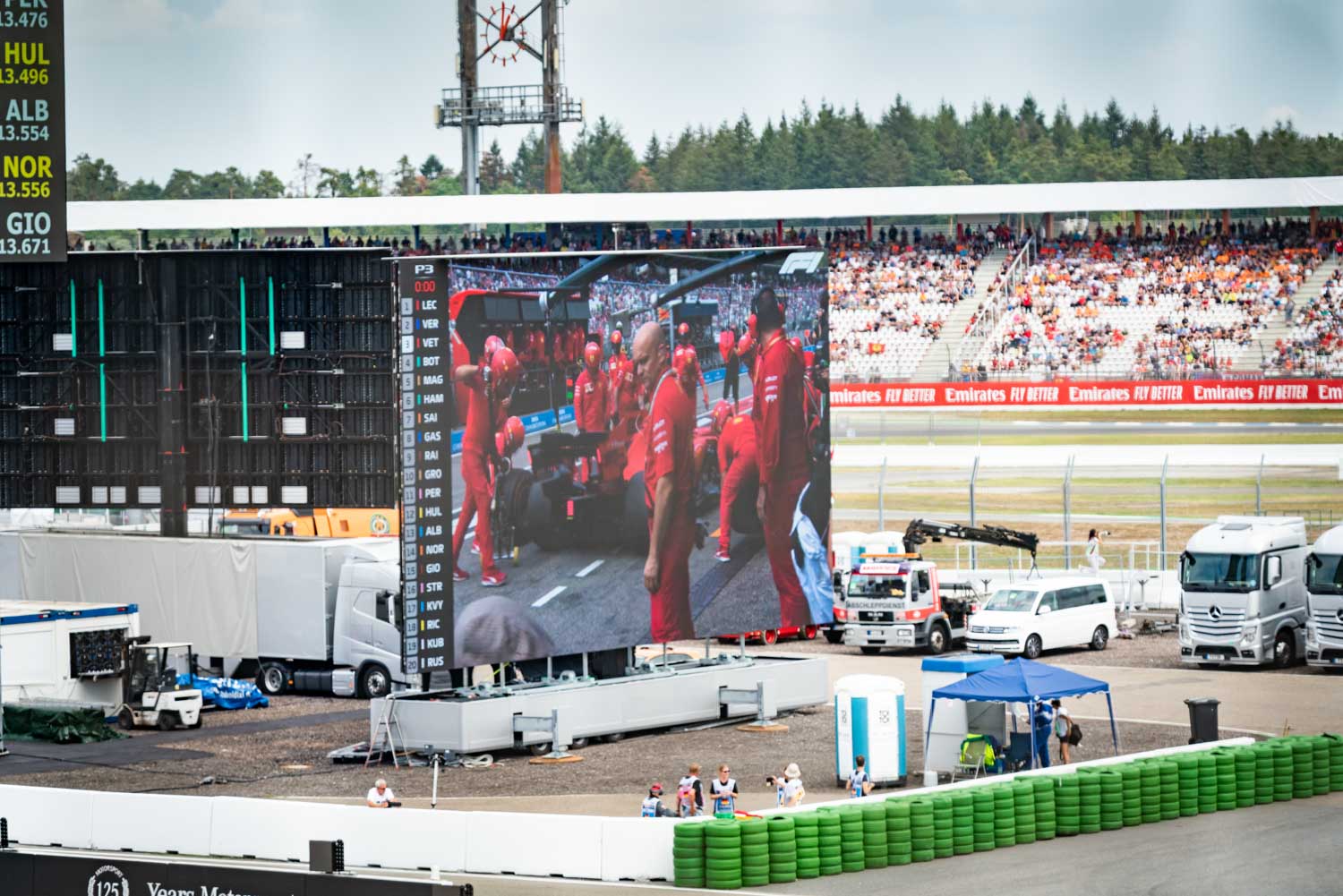 Large screen displays pit crew at Formula 1 race, with spectators in the grandstand in the background.