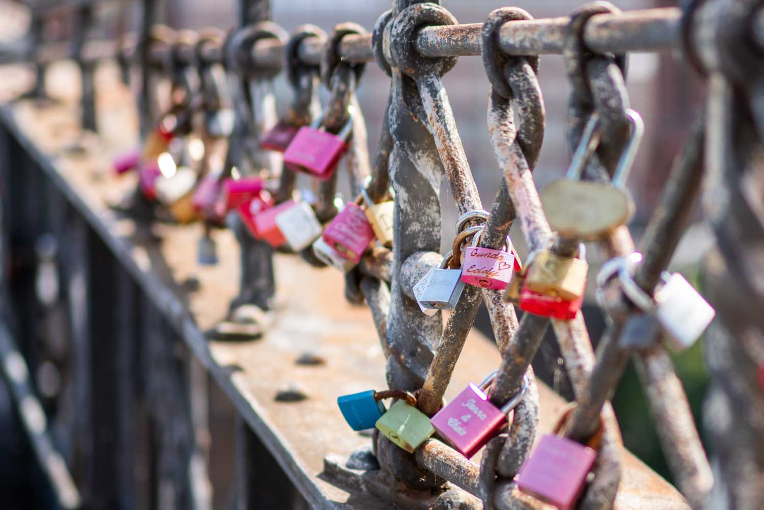 Colorful love locks attached to a rusted metal bridge railing, symbolizing romance and commitment.
