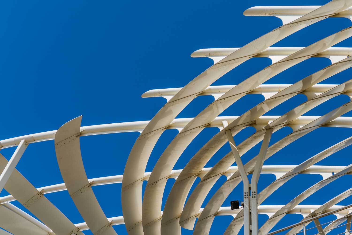 Modern white architectural structure with curved panels against a clear blue sky.