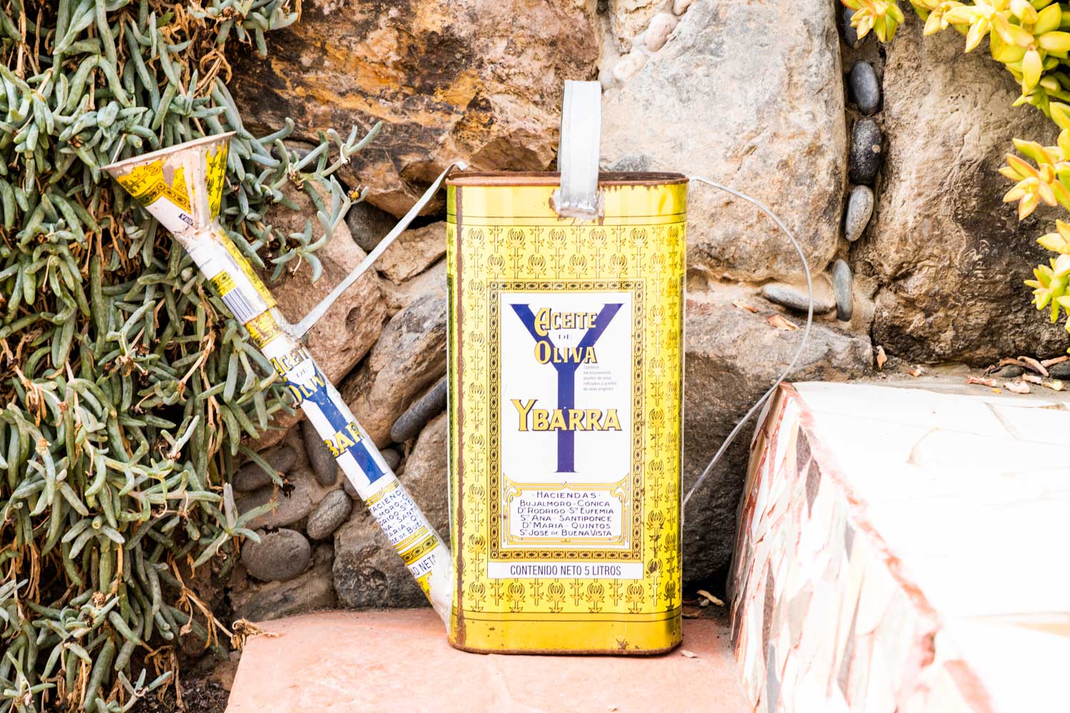 Vintage Ybarra olive oil tin with a funnel, set against rustic stone and lush greenery backdrop.