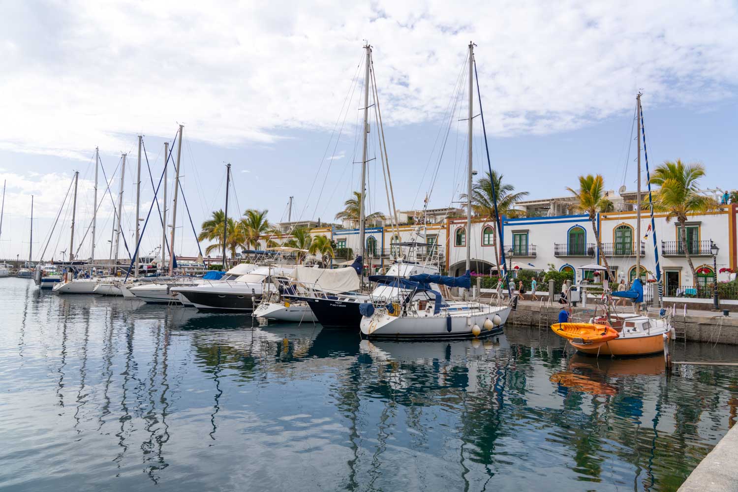 Boats moored at a scenic marina with palm trees and colorful buildings in the background under a partly cloudy sky.