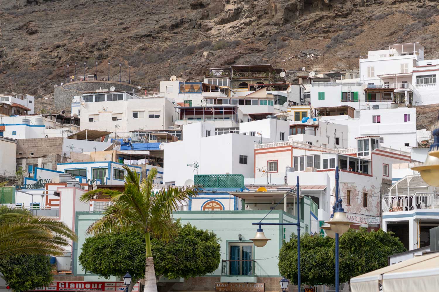 Hillside whitewashed buildings and palm trees in a coastal Spanish village under a rocky cliff.