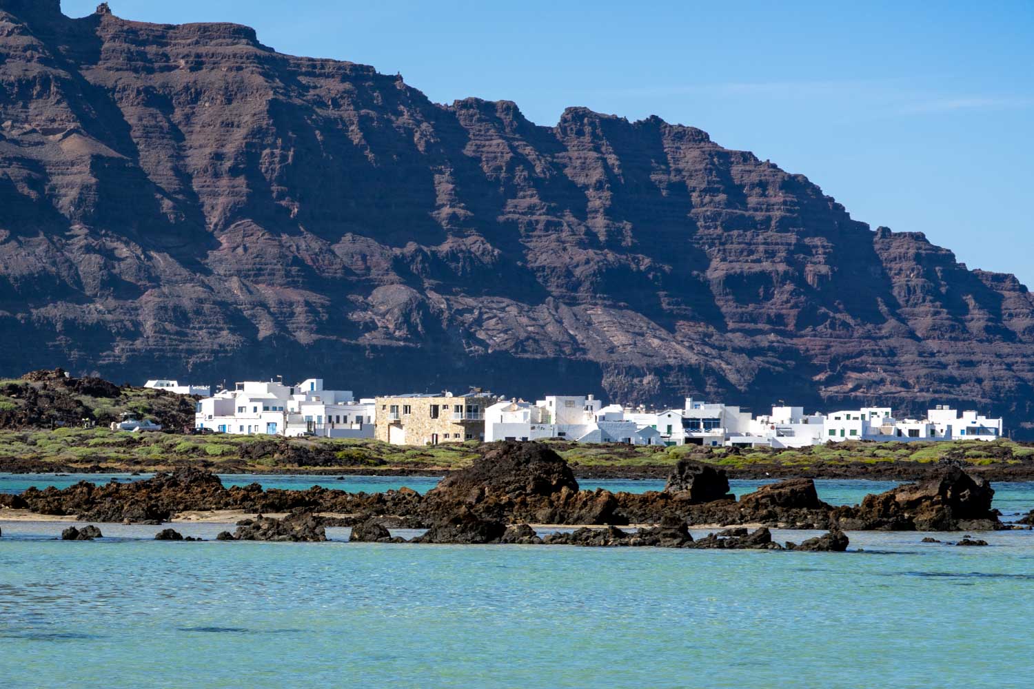 White village against rocky cliffs with turquoise water in foreground under clear blue sky.