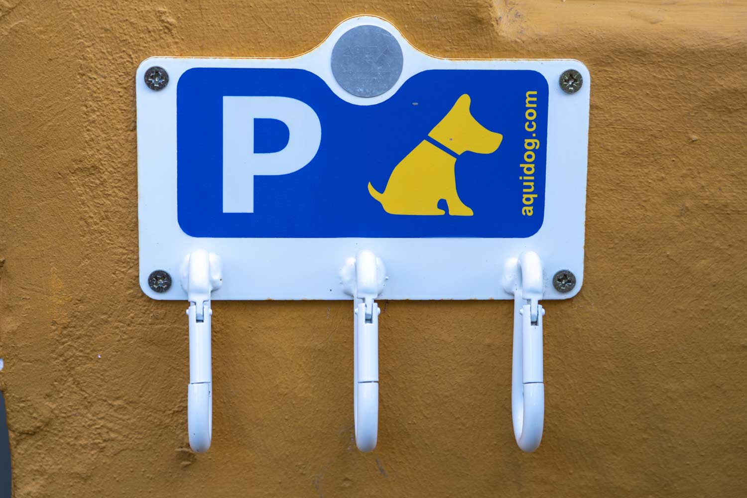Dog hook parking sign on yellow wall with three white hooks for leashes.