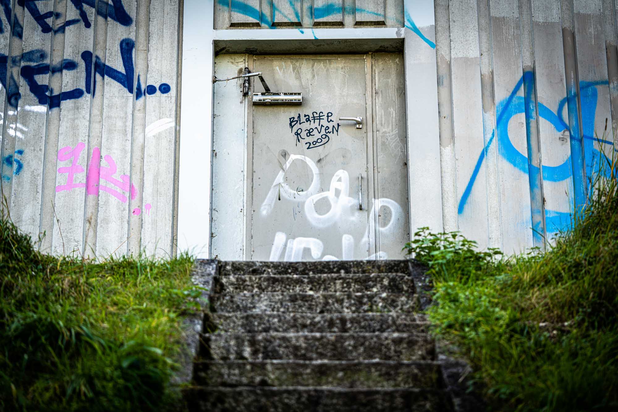 Graffiti-covered metal door atop concrete steps surrounded by grass, featuring colorful spray-painted designs and tags.