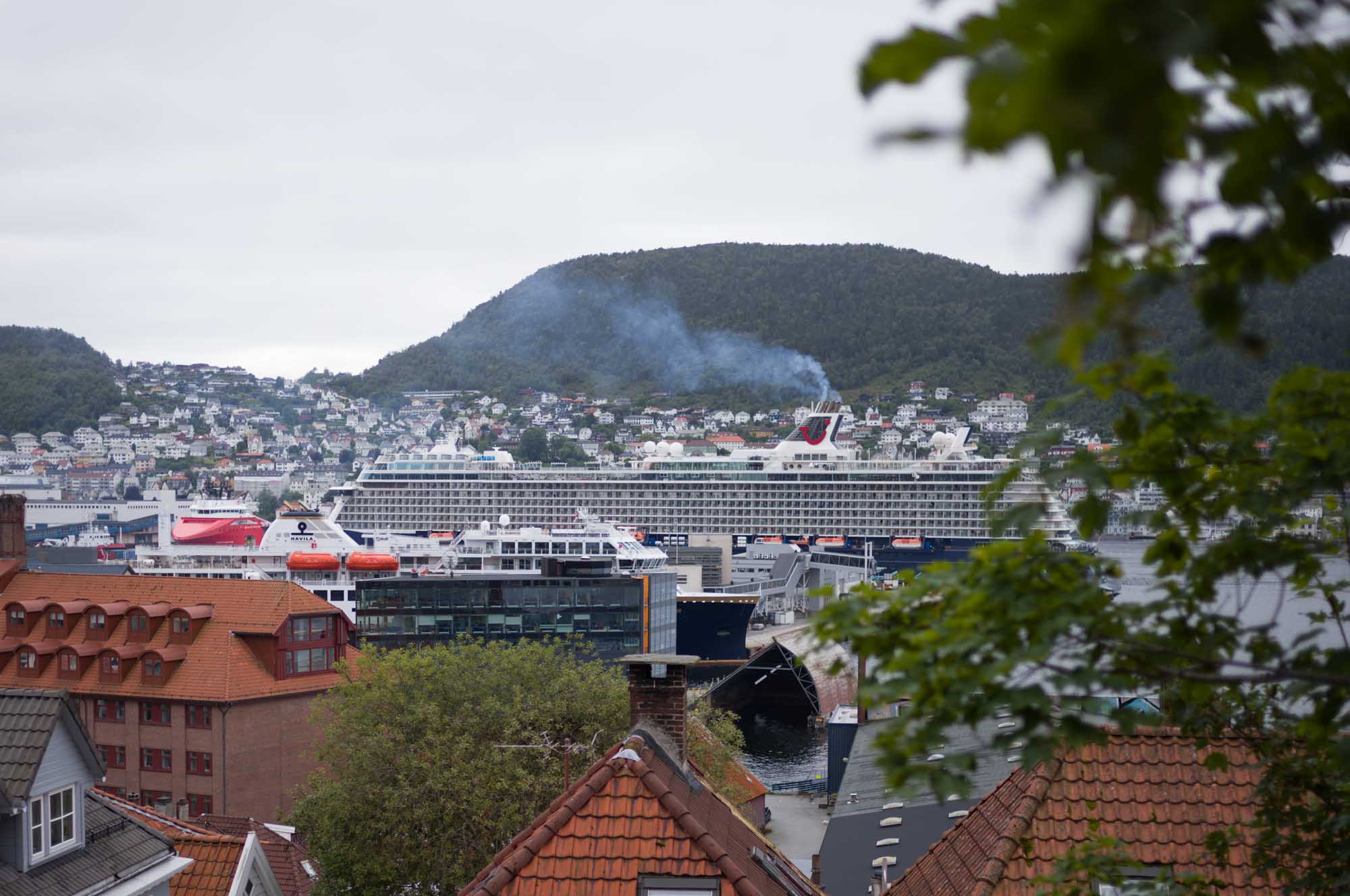 Cruise ship docked in a scenic Norwegian harbor, surrounded by hills and colorful houses under a cloudy sky.