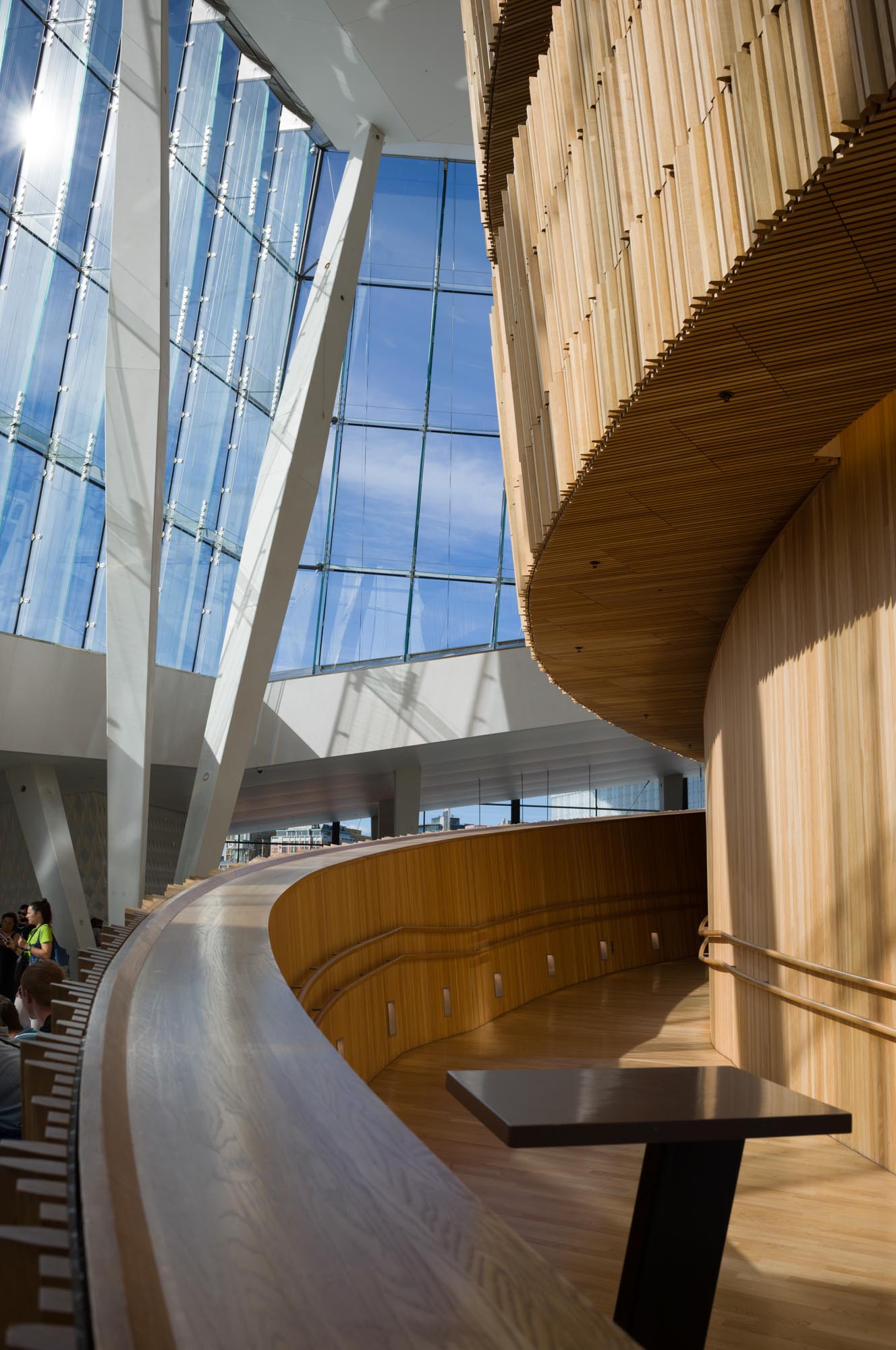 Modern architectural interior with curved wooden walls and large glass windows casting shadows on the floor.