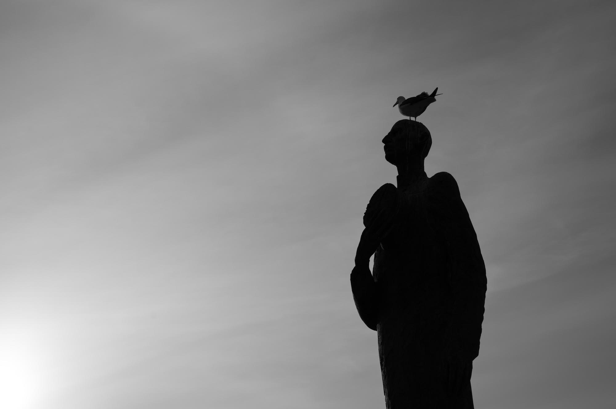 Silhouette of a bird perched on a statue against a cloudy sky.