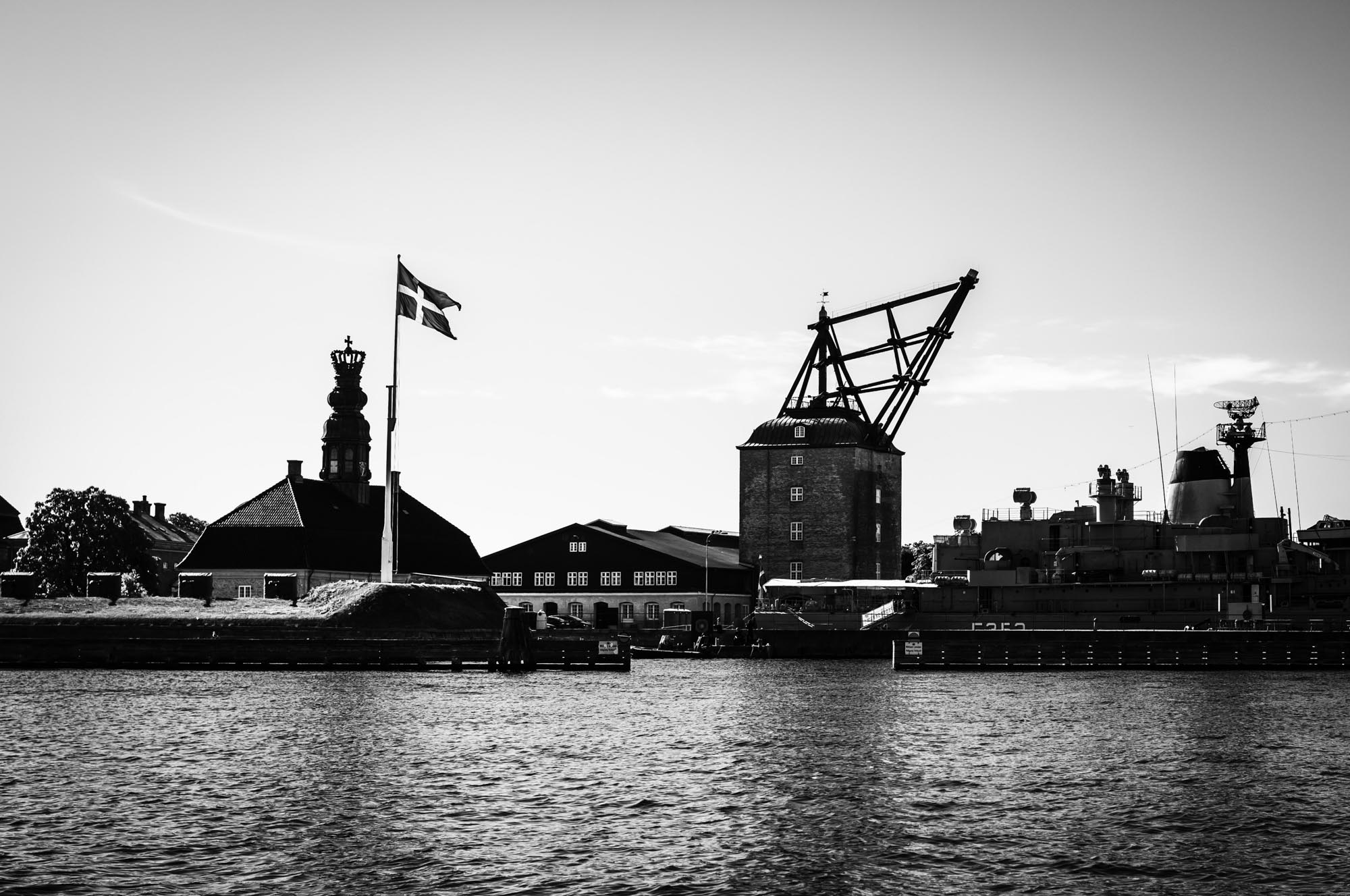 Black and white view of a nautical scene with a large flag, historical buildings, and a docked ship by the water.
