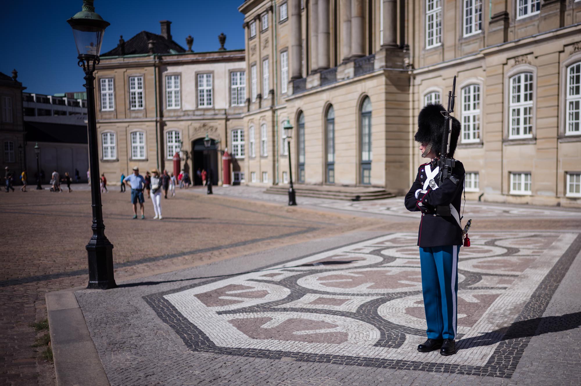 Royal guard in blue and black uniform stands at attention outside historic European palace, with tourists in the background.