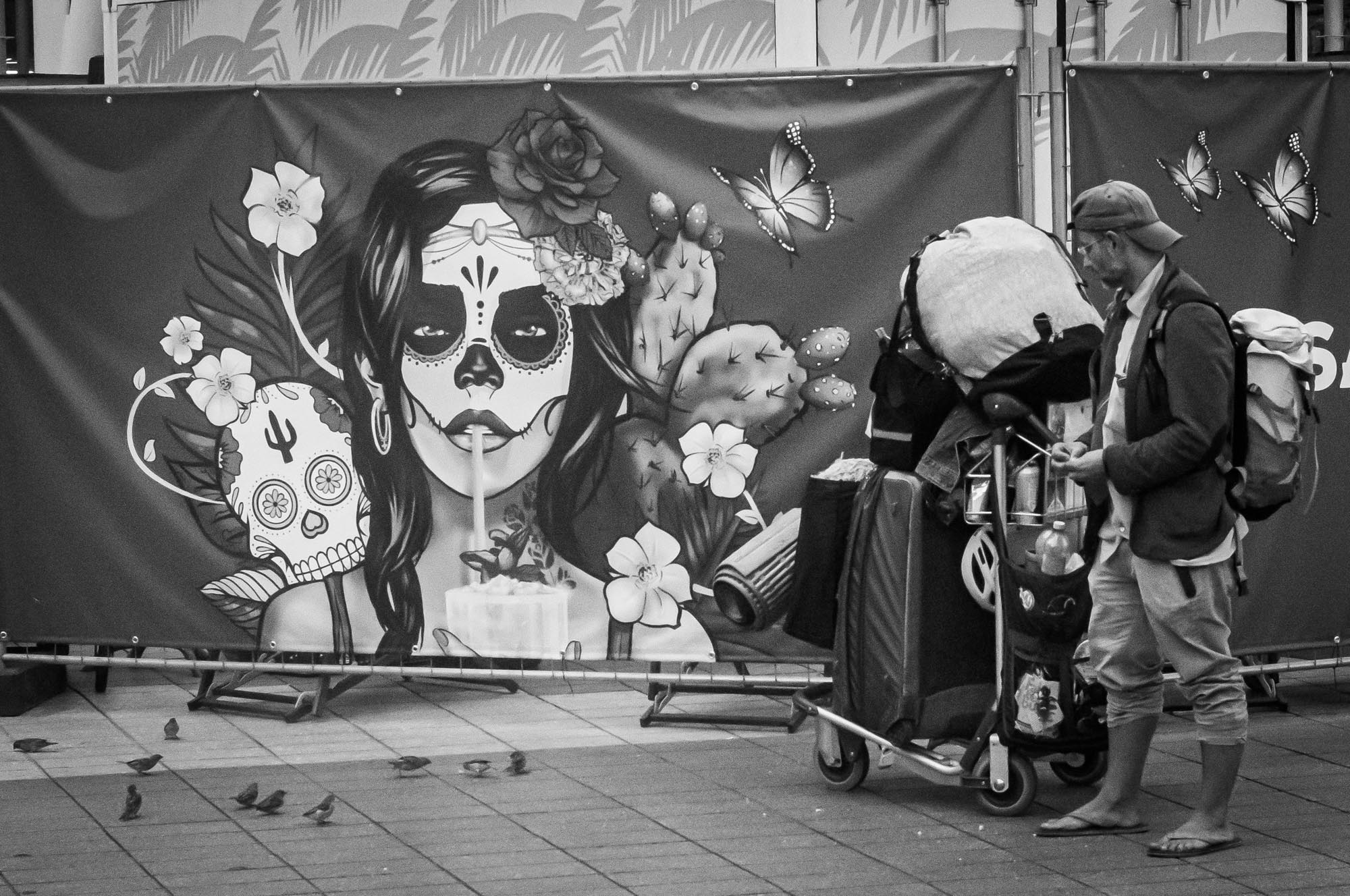 Man stands with luggage cart in front of Day of the Dead mural featuring a woman with skull makeup, flowers, and butterflies.