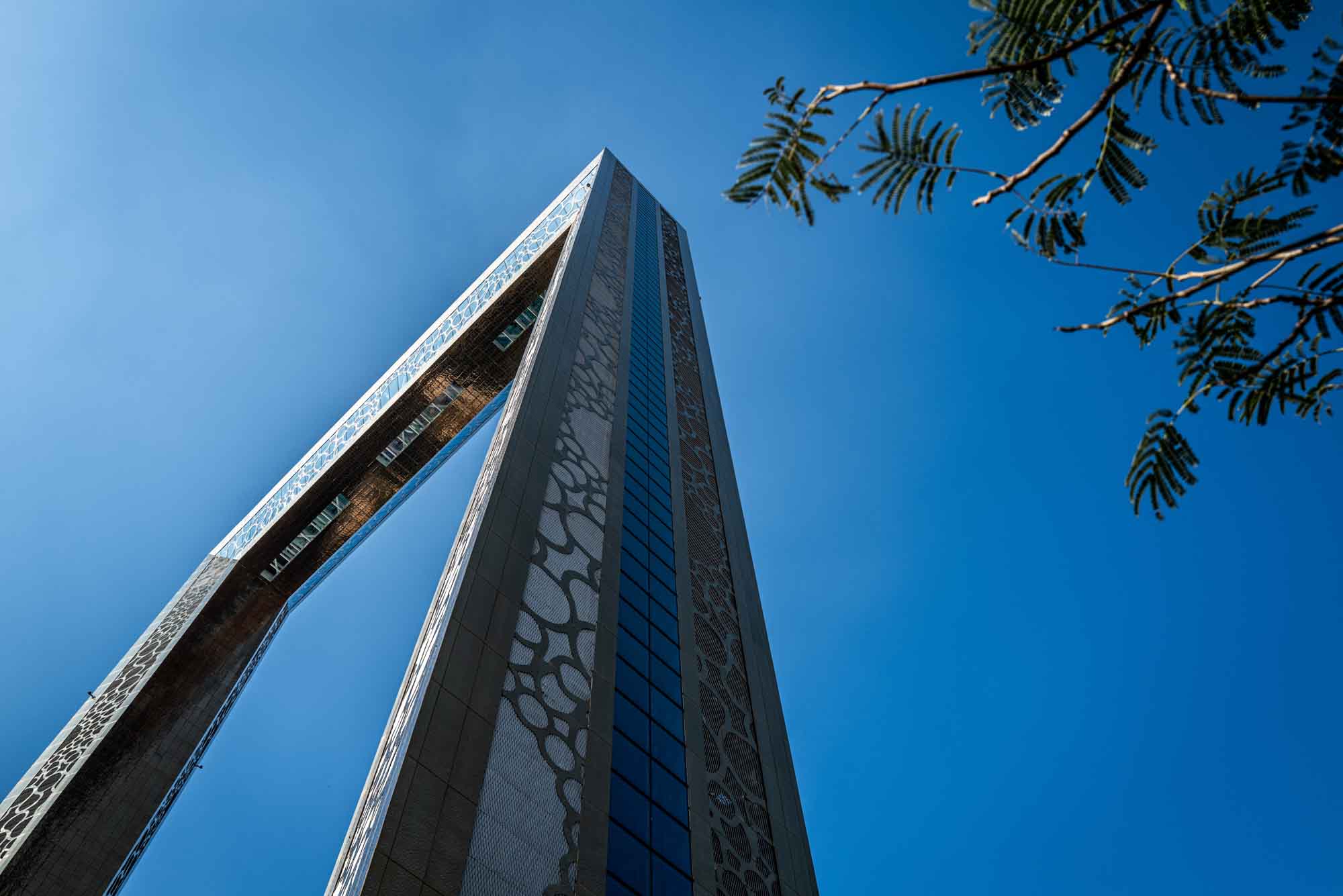 Unique architectural skyscraper with patterned design under clear blue sky and tree branches.