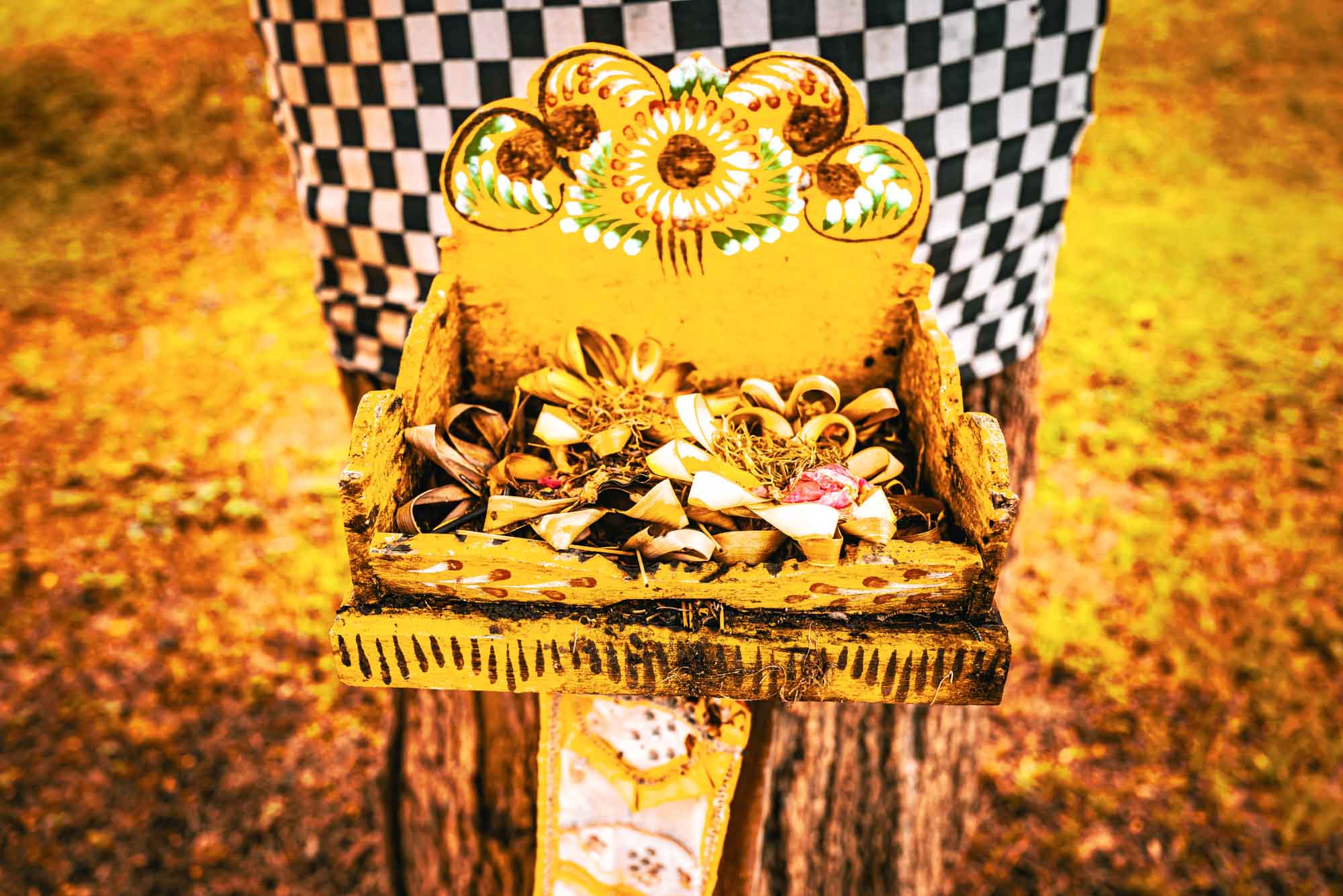 Colorful decorative offering box with intricate patterns and floral details, set against a checkered cloth backdrop.