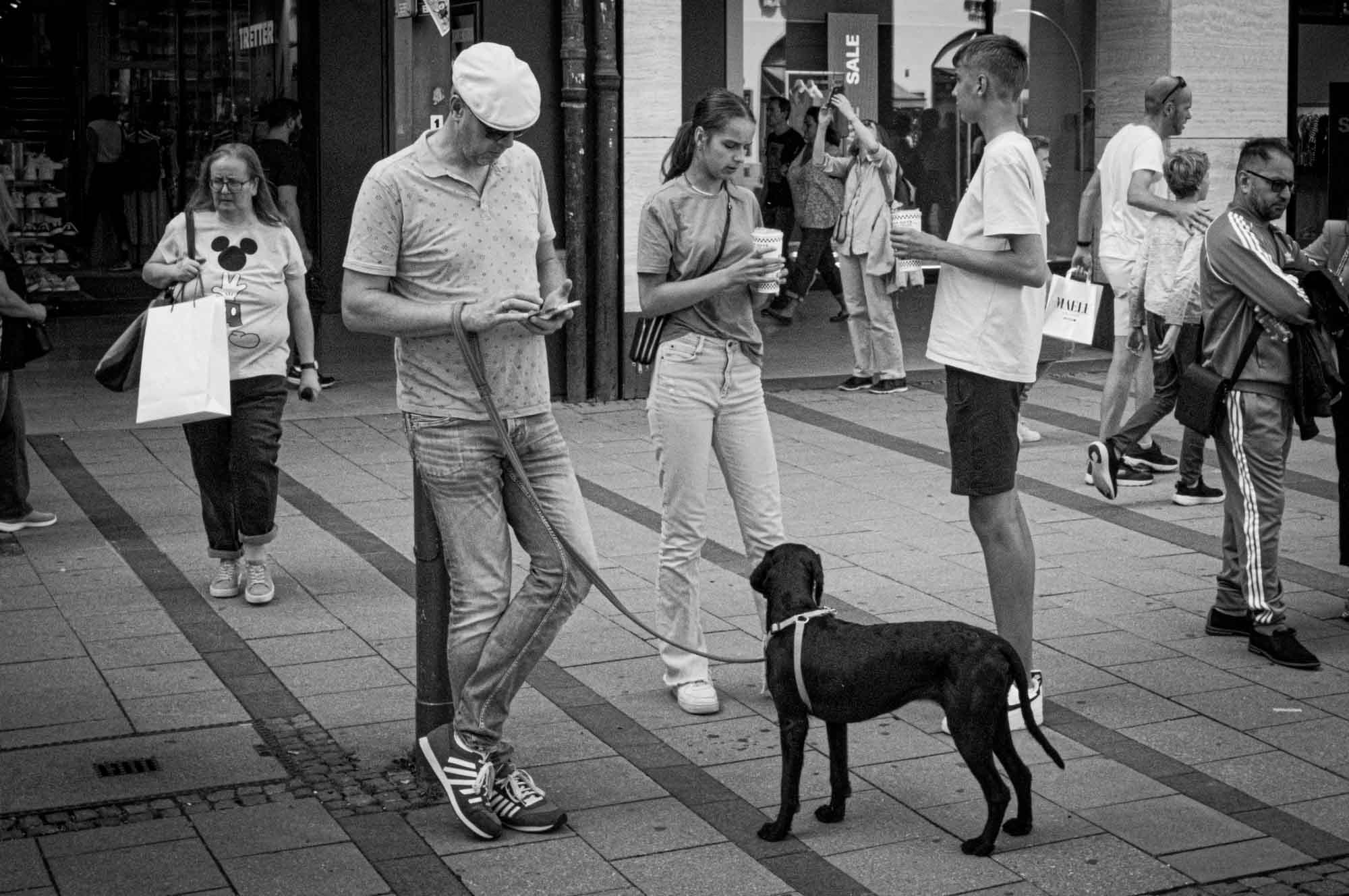 Black and white street scene with people using phones, a dog, and shoppers carrying shopping bags.