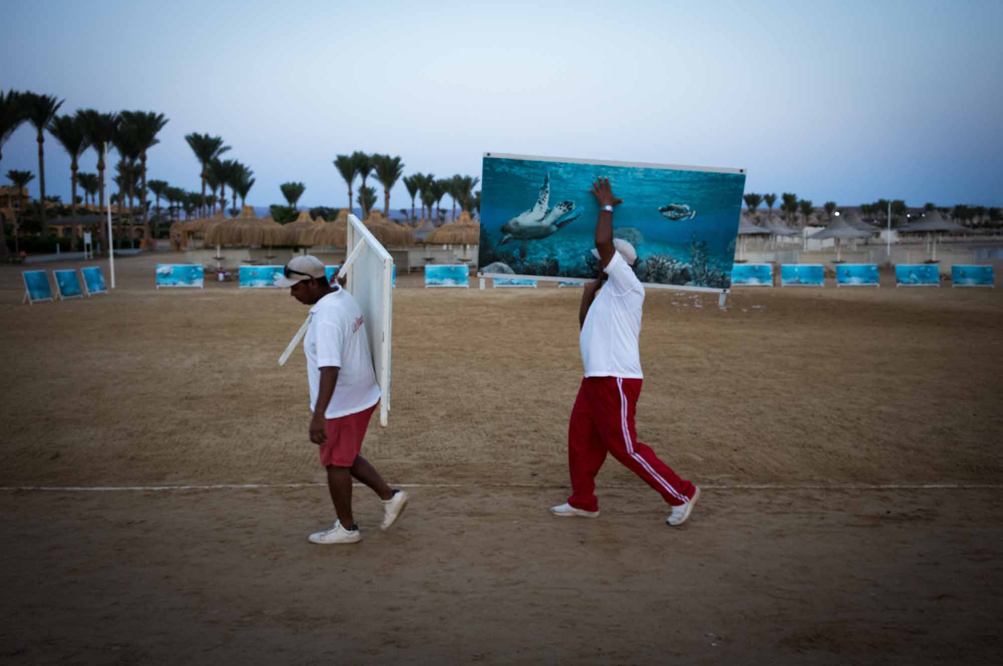 Two workers carry ocean-themed artwork across a sandy outdoor display area with palm trees in the background.