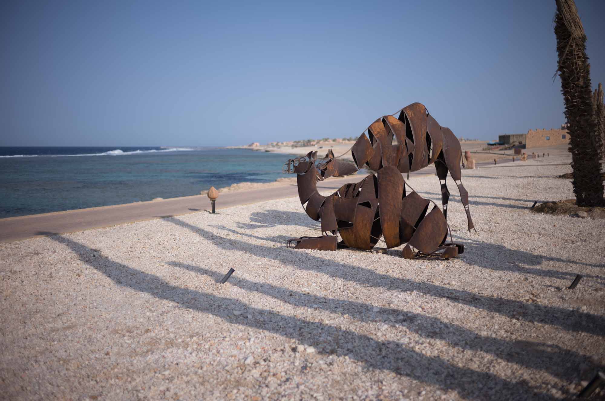 Rustic camel sculpture on a coastal beach with a clear blue sky and ocean view.
