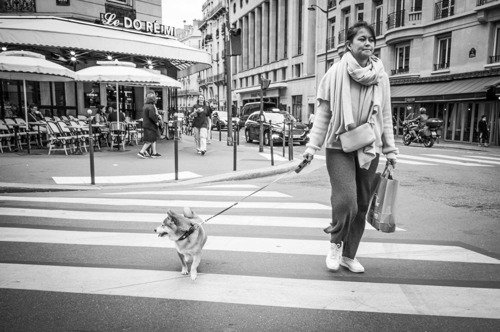Woman walking dog across street in Paris, passing café Le Doremi with outdoor seating, black and white photo.