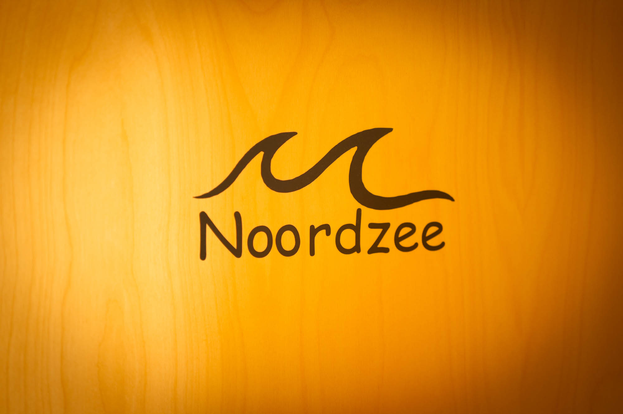 Stylized waves and text 'Noordzee' on an orange background, emphasizing design and typography.