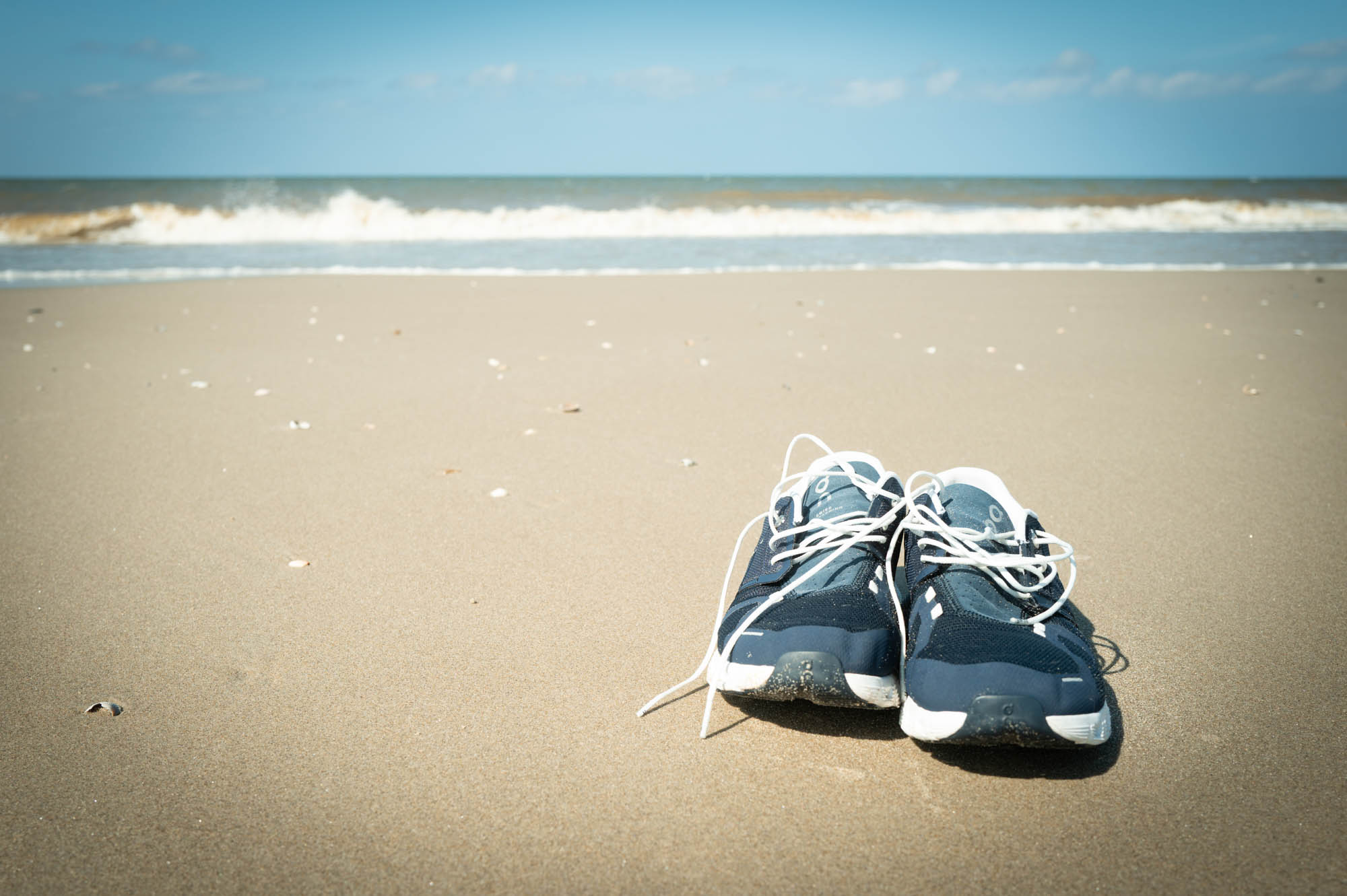 Navy sneakers with white laces on sandy beach, waves in background, sunny day.