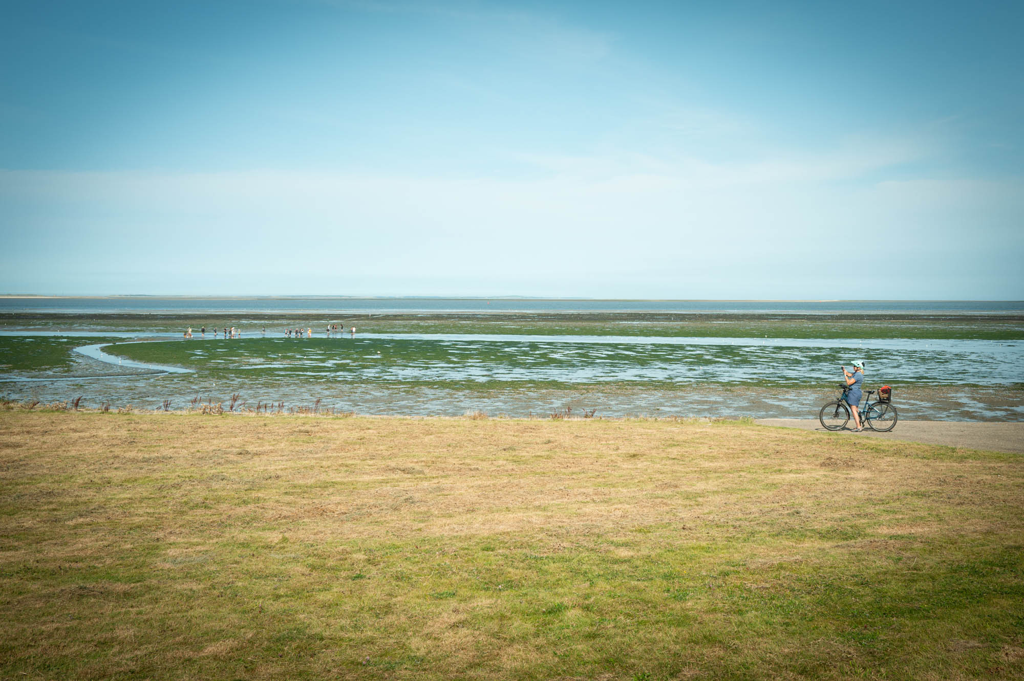 Cyclist takes a break by scenic coastal wetlands under a clear blue sky, with distant walkers on the shoreline.