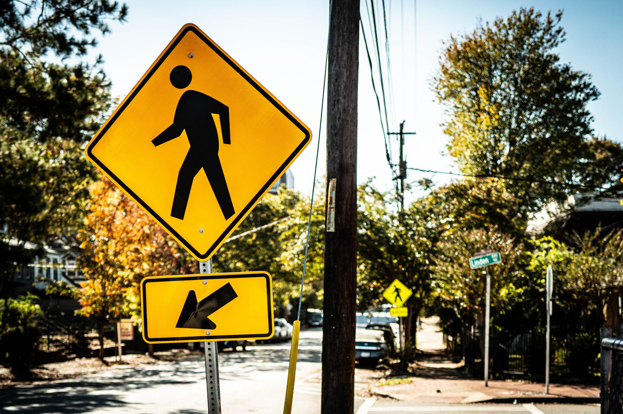 Yellow pedestrian crossing sign with arrow on a quiet street surrounded by trees.