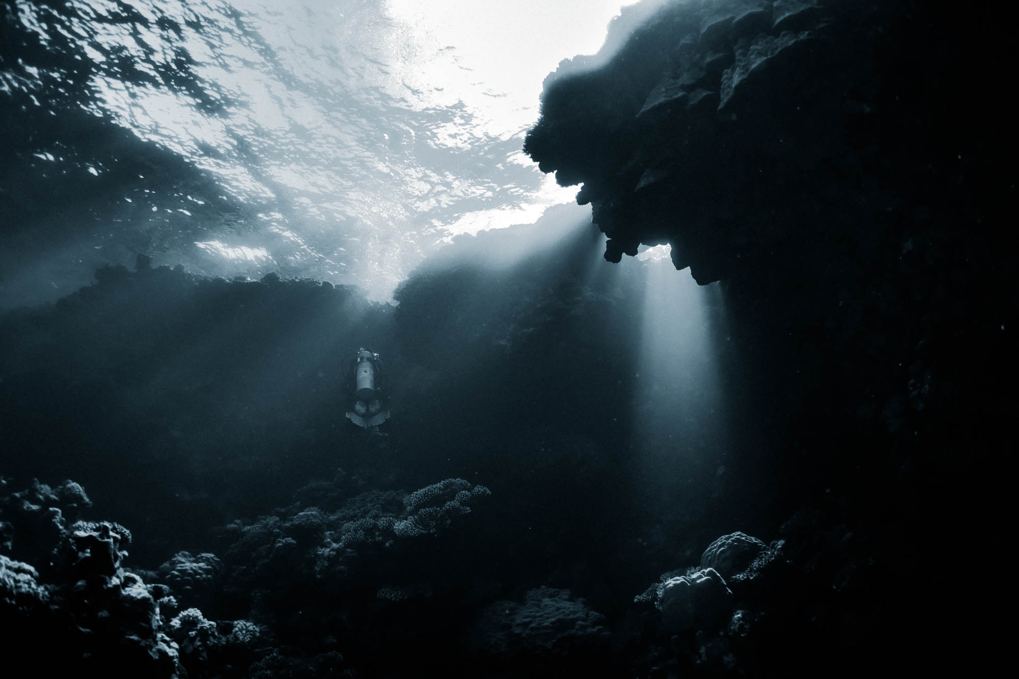 Scuba diver exploring a sunlit underwater cave, surrounded by rock formations and coral.
