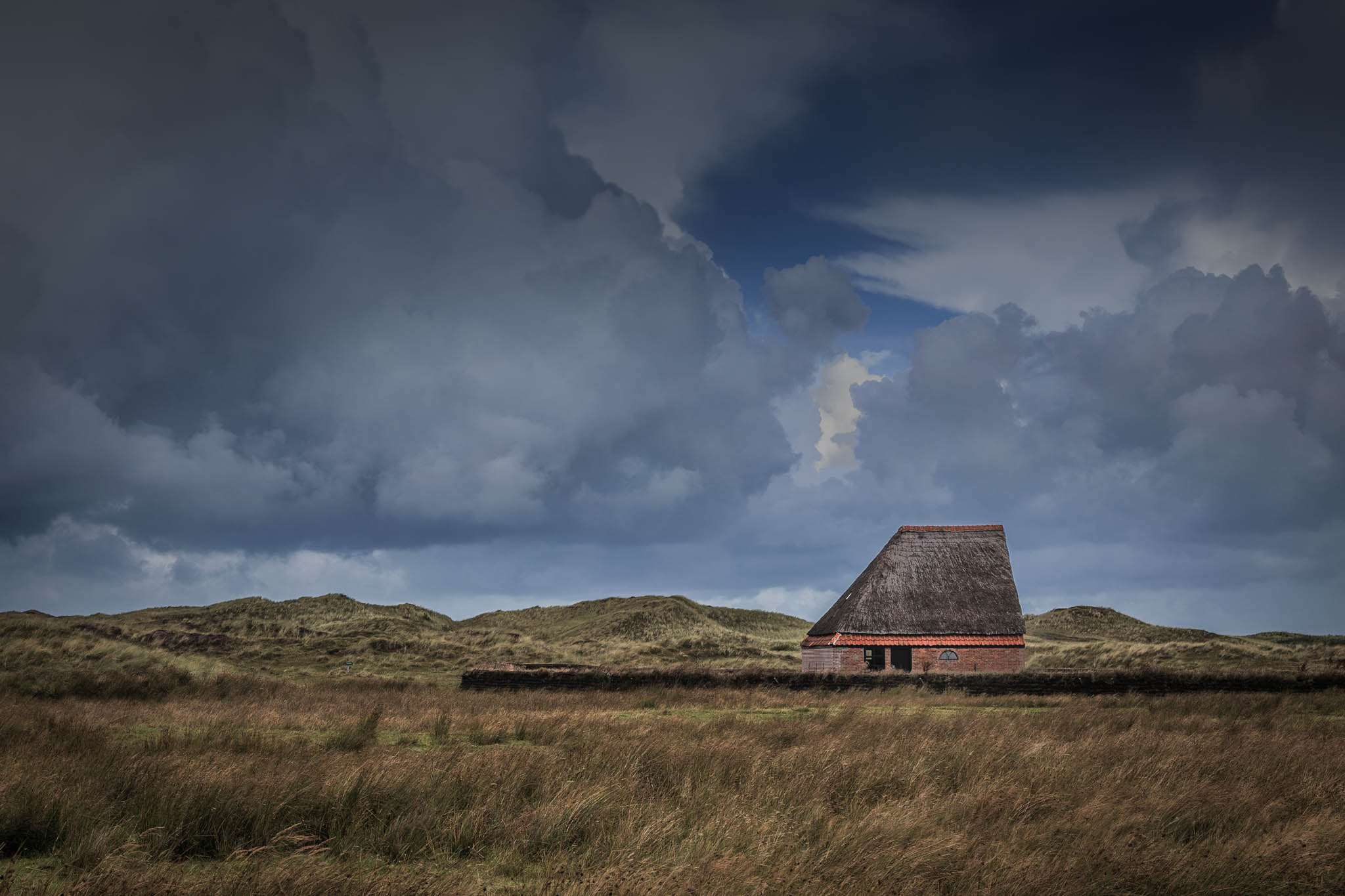 Thatched-roof building amidst grassy landscape under dramatic sky.