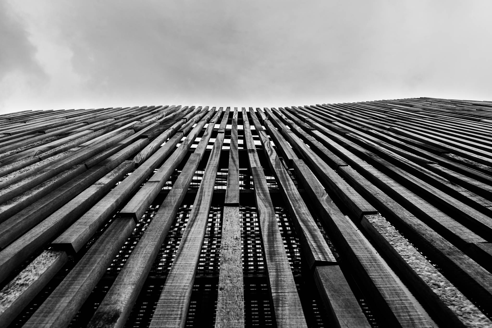 Black and white photo of a modern wooden facade with vertical slats against a cloudy sky background.