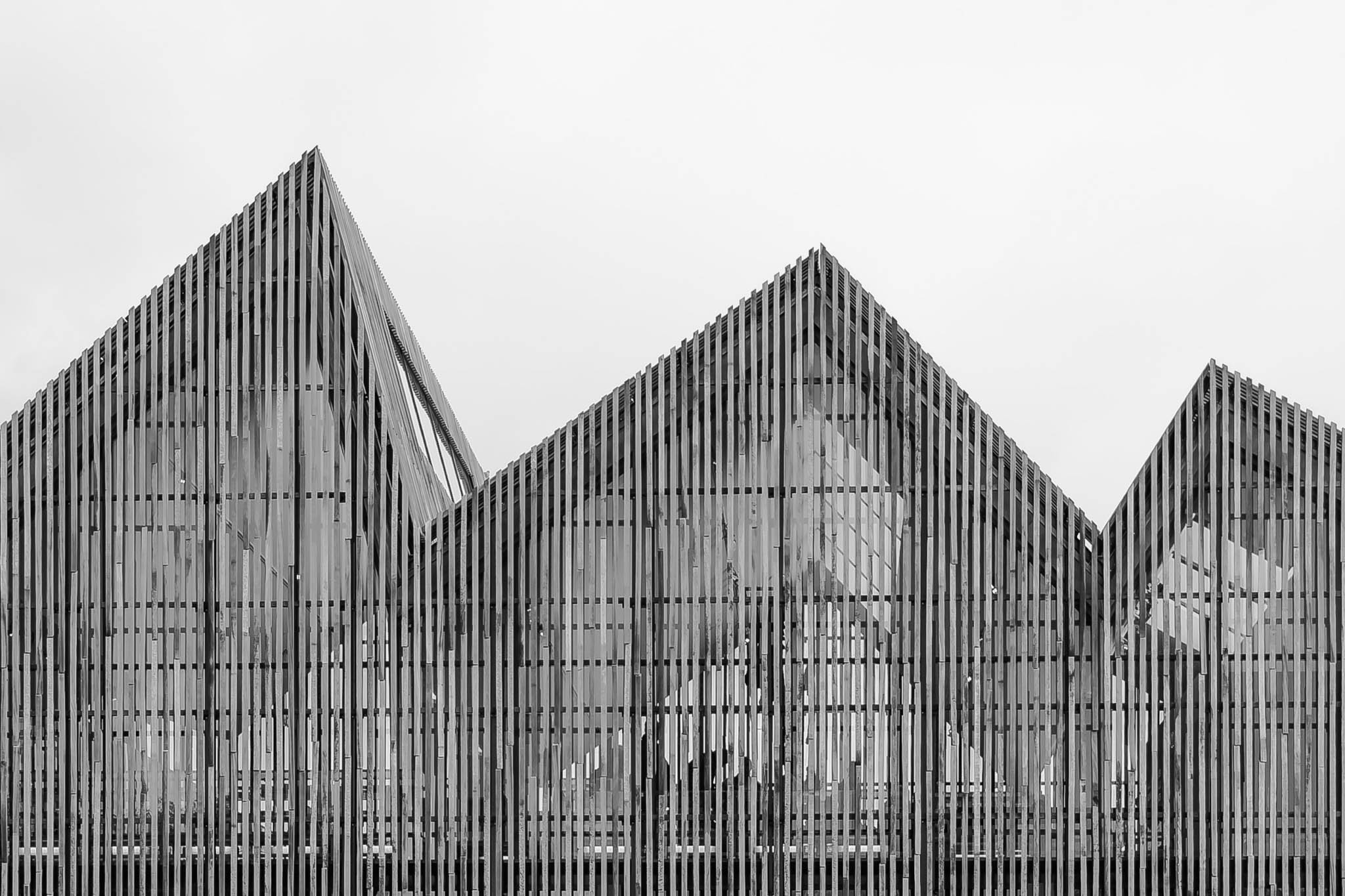 Modern building facade with triangular peaks and vertical slats in black and white.