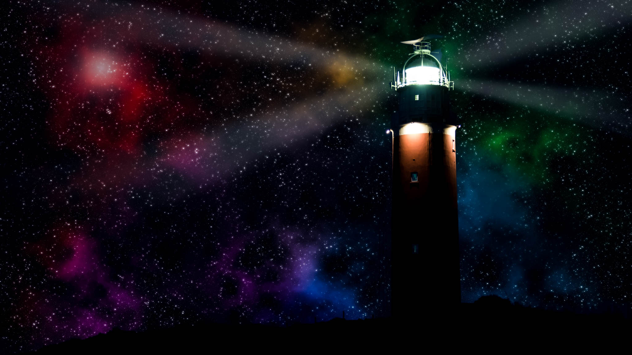 Lighthouse beams under starry sky with colorful nebula.