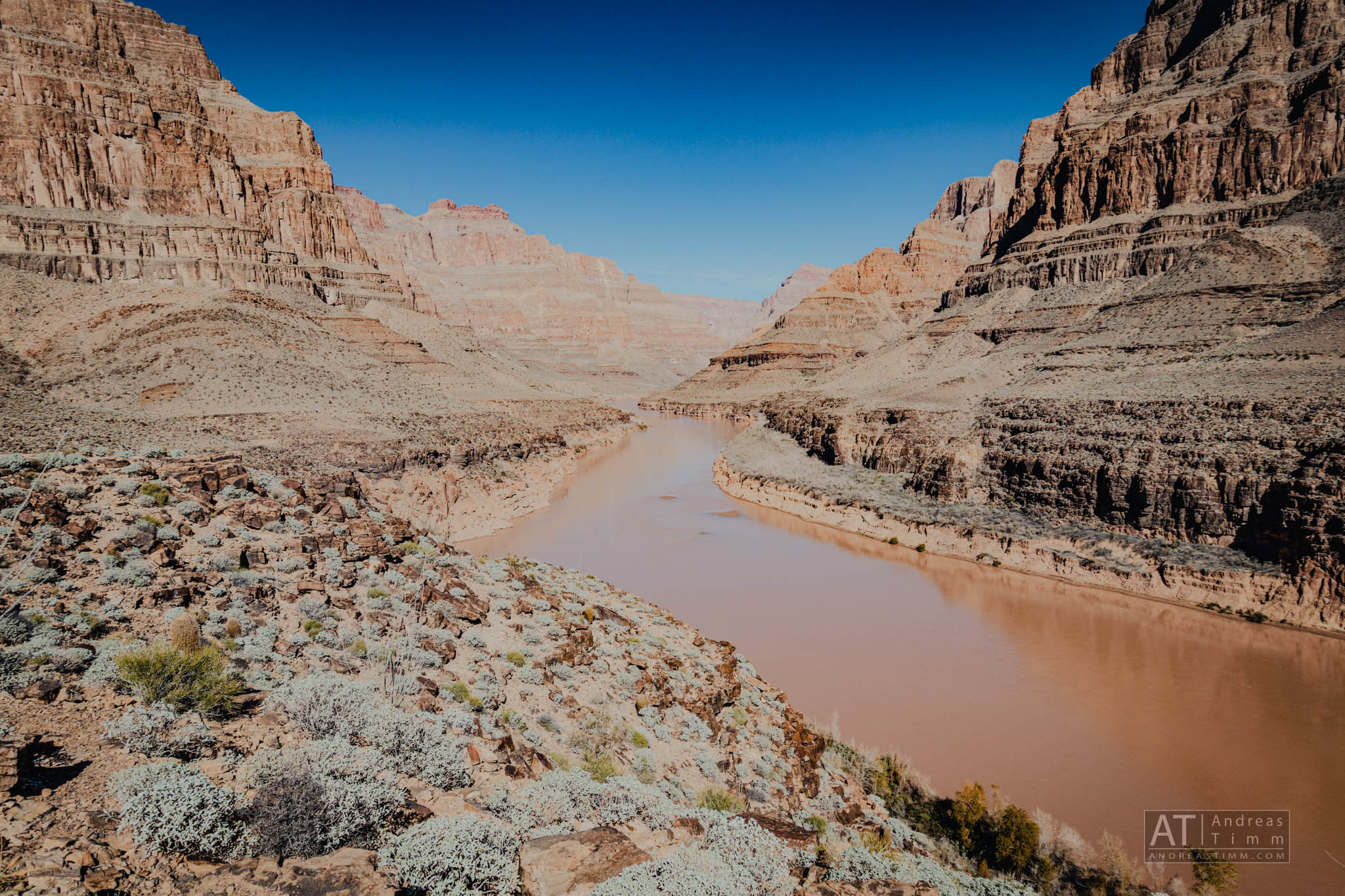 Spectacular view of the Grand Canyon with a winding river and rugged cliffs under a bright blue sky.