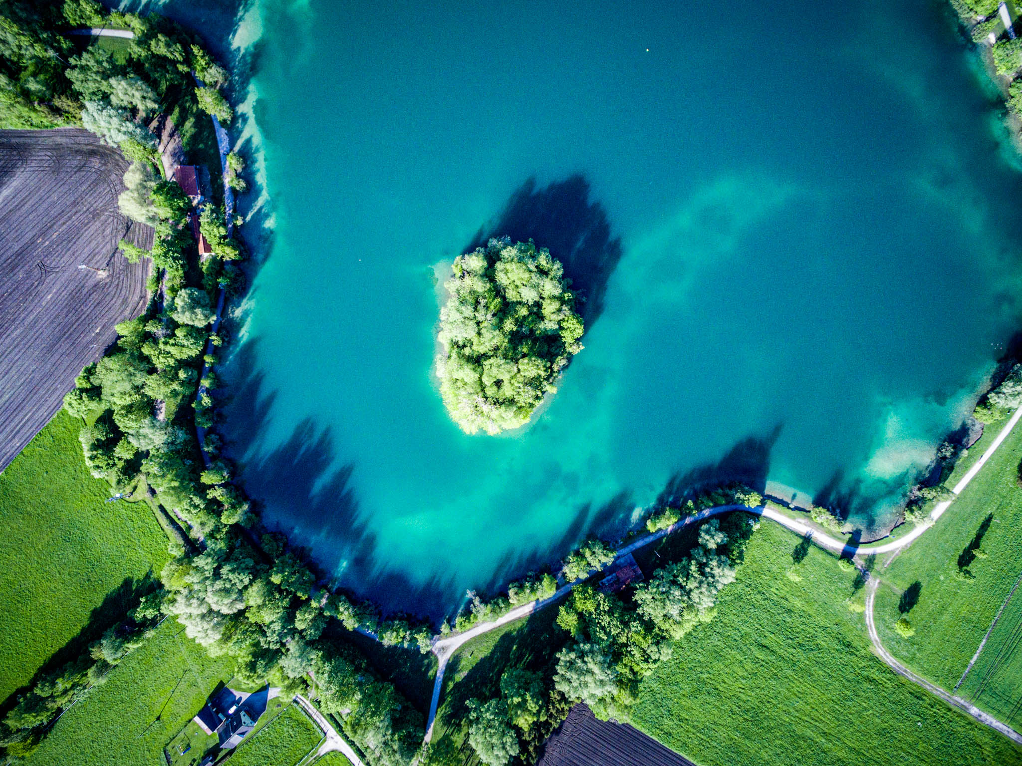Aerial view of a lush green island surrounded by a vibrant blue lake, bordered by trees and farmland.