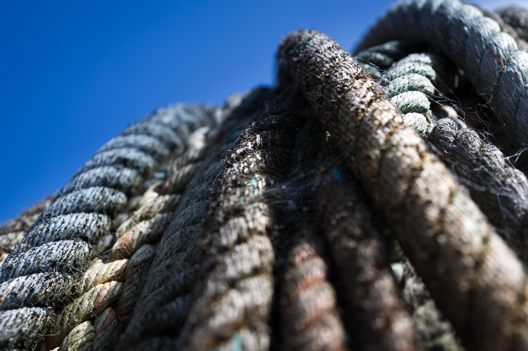 Close-up of coiled nautical ropes against a clear blue sky, highlighting texture and details in natural light.