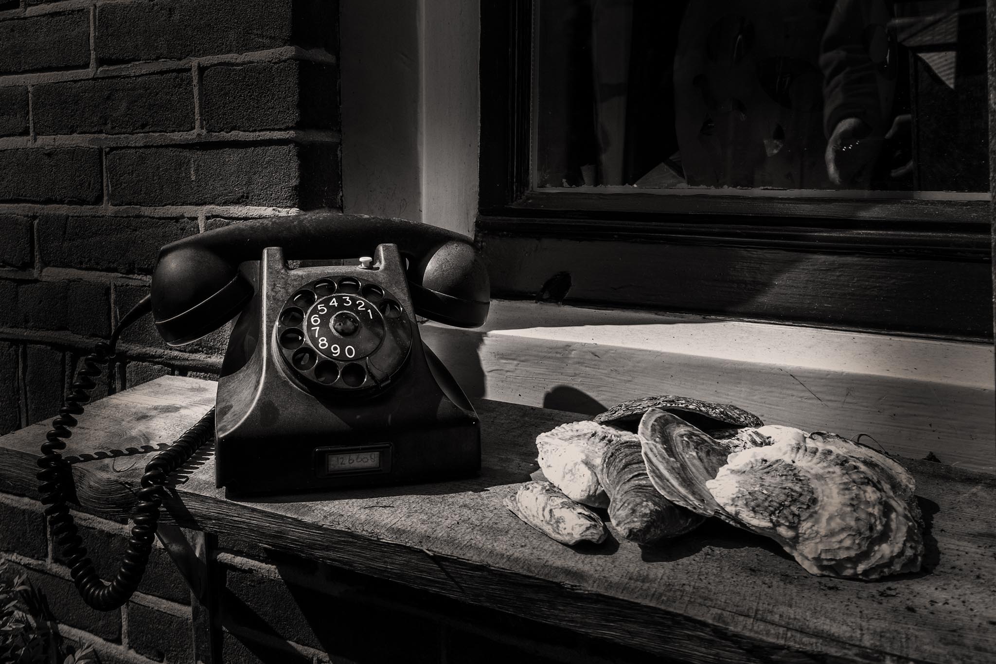 Vintage rotary phone and seashells on a rustic windowsill under sunlight, brick wall in the background.