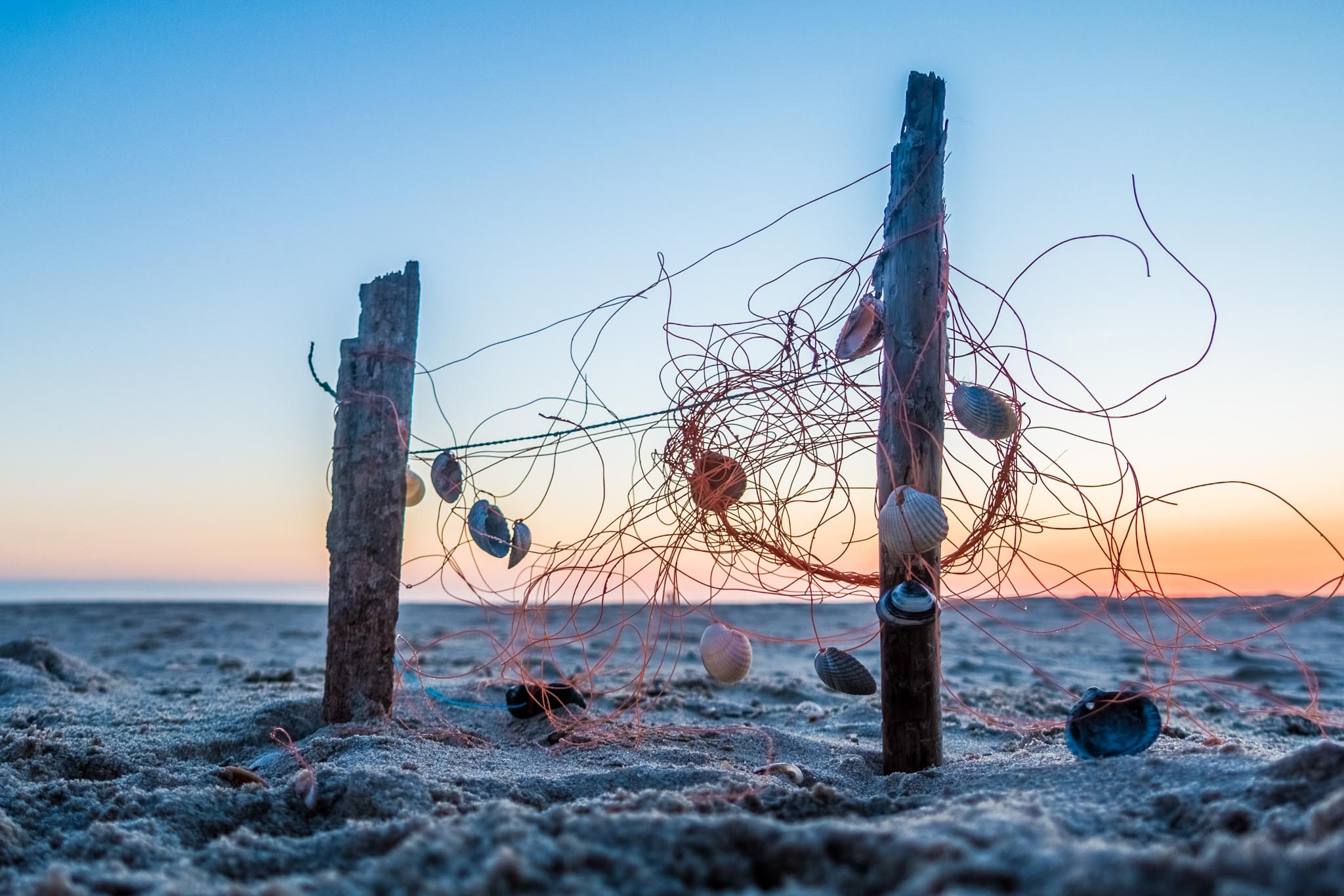 Beach sunset with seashells hanging on wooden poles and tangled string in the sand.