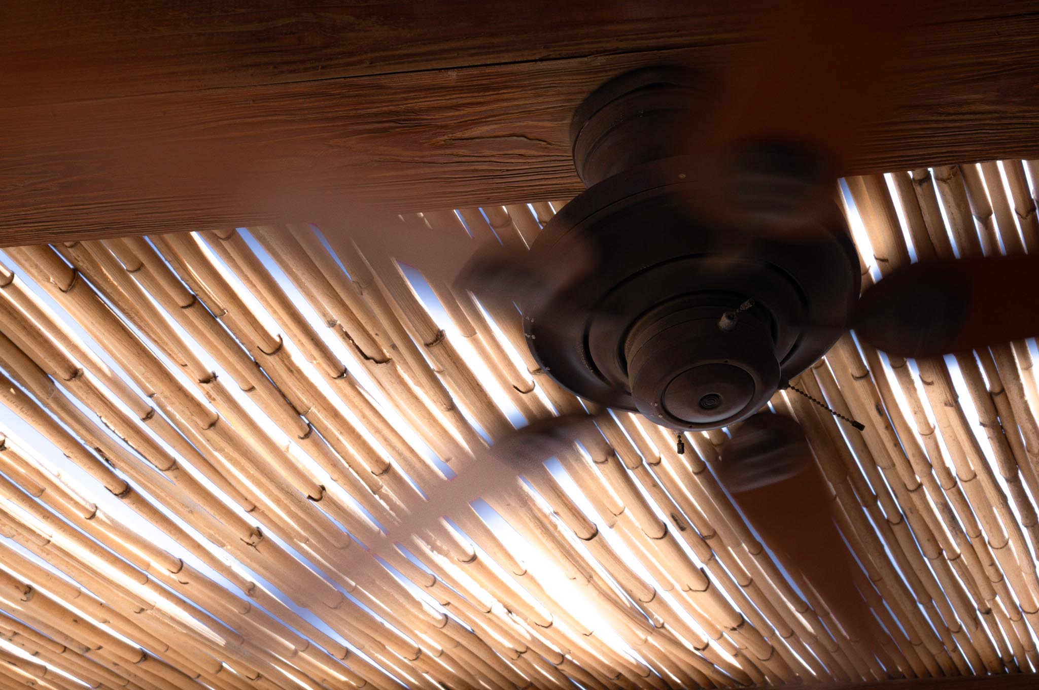 Ceiling fan in motion under a bamboo roof with sunlight filtering through the slats.