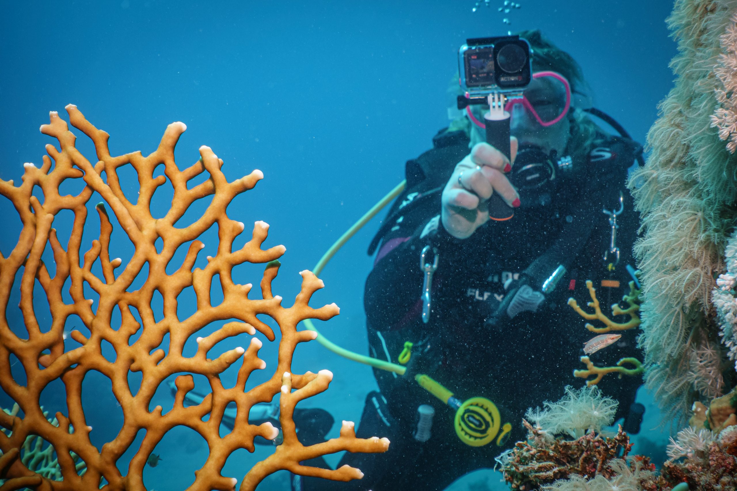 Scuba diver captures vibrant coral scene underwater with camera in clear blue ocean.