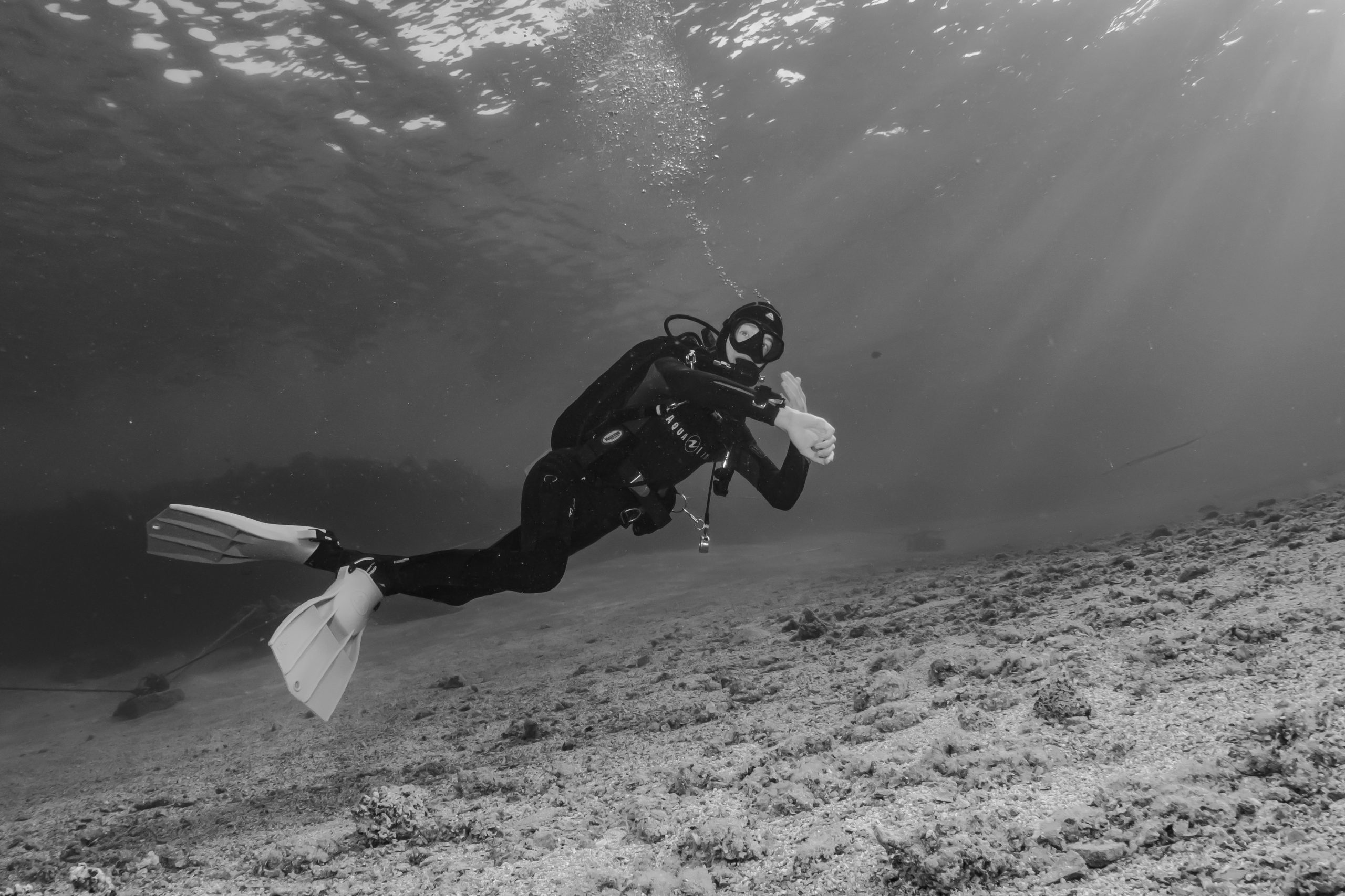 Scuba diver in full gear swimming underwater over a rocky seabed in monochrome.
