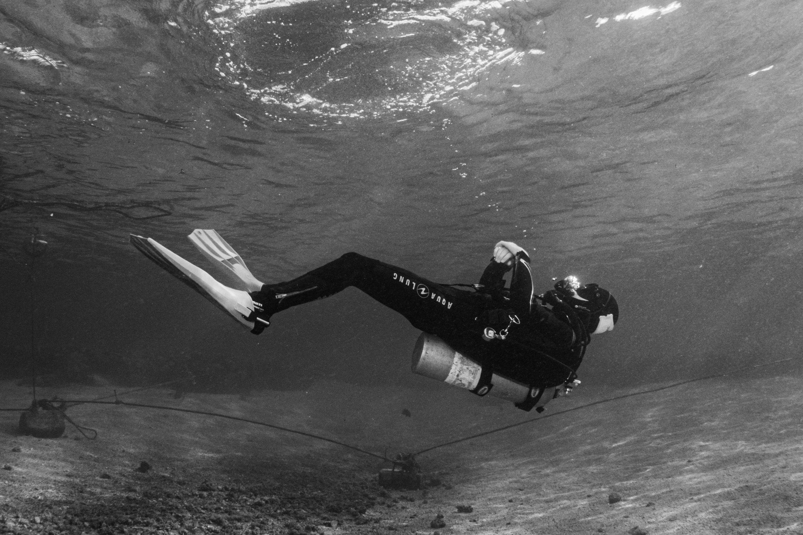 Scuba diver exploring underwater sea with fins and equipment, captured in black and white.